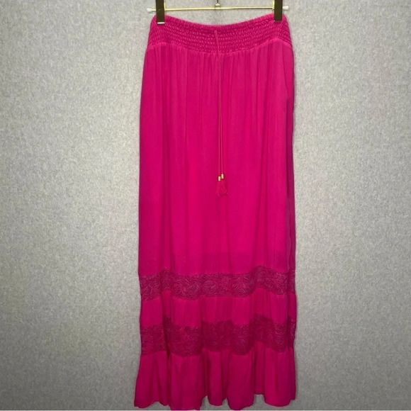 Chico’s Black Label Pink Lace Insert Elastic Drawstring Waist Maxi Skirt - Picture 1 of 7